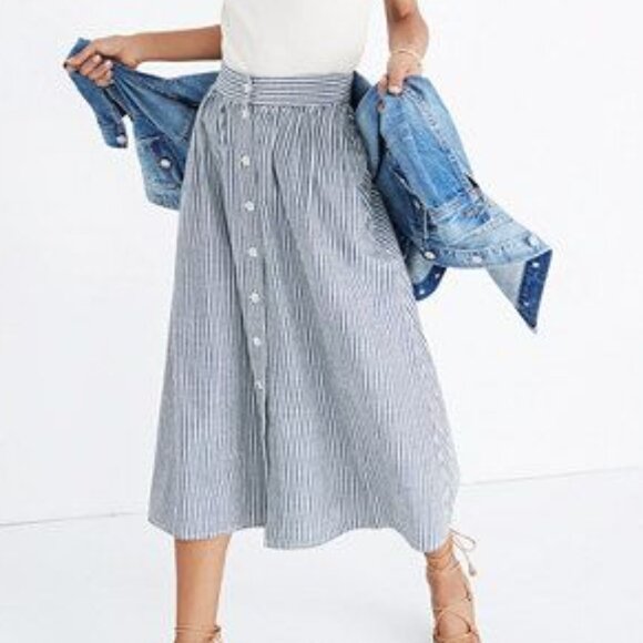 Madewell Dresses & Skirts - Madewell Blue White Stripe Palisade Button Front Midi Skirt Chambray Stripe NWT